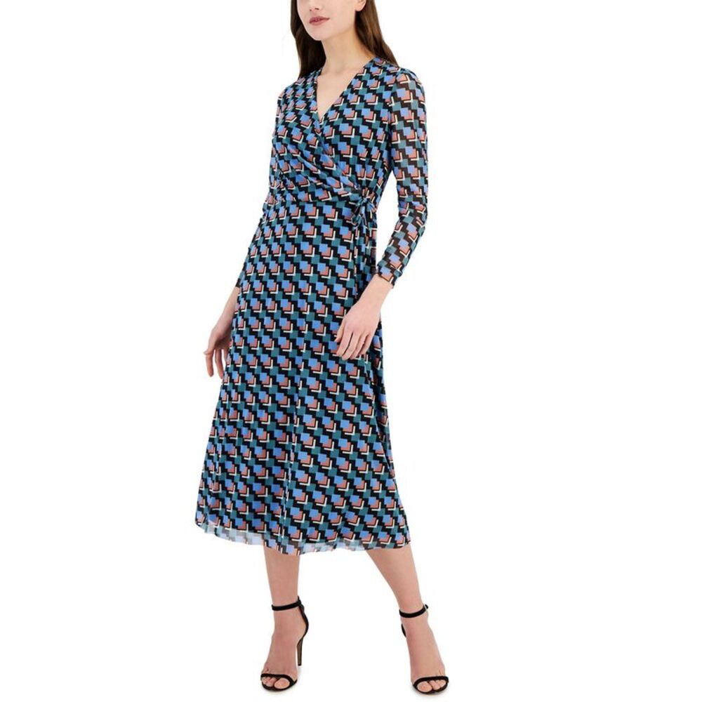 Anne Klein Womens Printed Faux-Wrap Midi Dress XL Black/Cape Blue - NWT $139